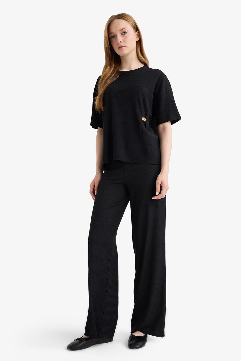 DeFacto Black Woman Straight Fit Waffle Trousers Casual - Image 4